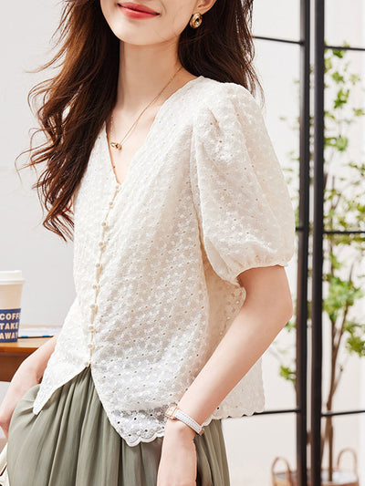 Mia Classic V-Neck Embroidered Hollowed Blouse