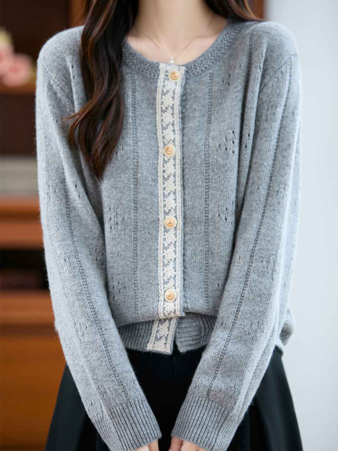 Julia Loose Crew Neck Solid Color Lace Knitted Cardigan-Orange