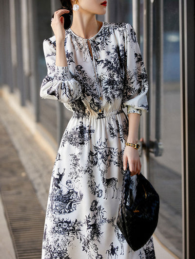 Alyssa Classic Lantern Sleeve Tie Printed Dress