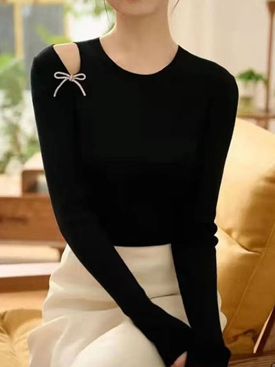 Olivia Elegant Off-Shoulder Bow Tie Knitted Sweater