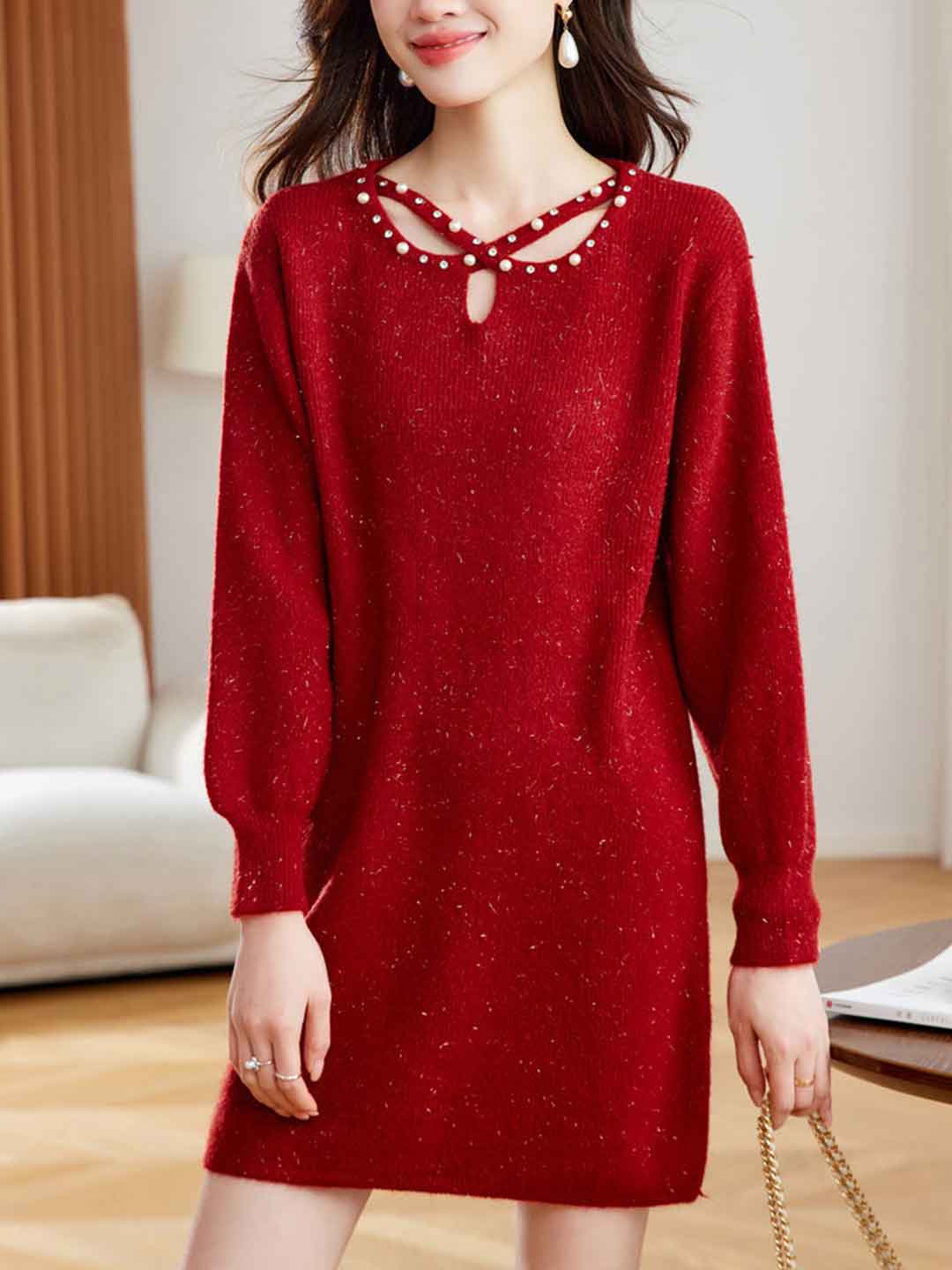 Hannah Elegant Crew Neck Beaded Knitted Sweater Dress