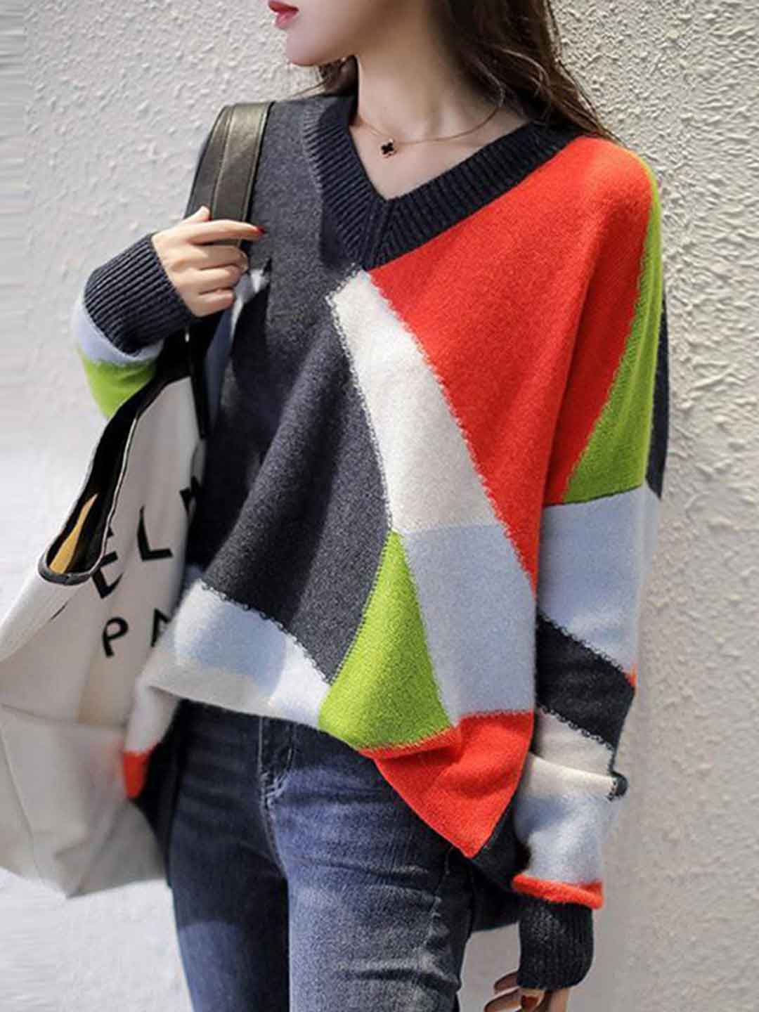 Zoe Loose V-Neck Colorblock Knitted Pullover Sweater