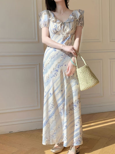 Sophie Elegant V-neck Ruffle Collar Printed Dress