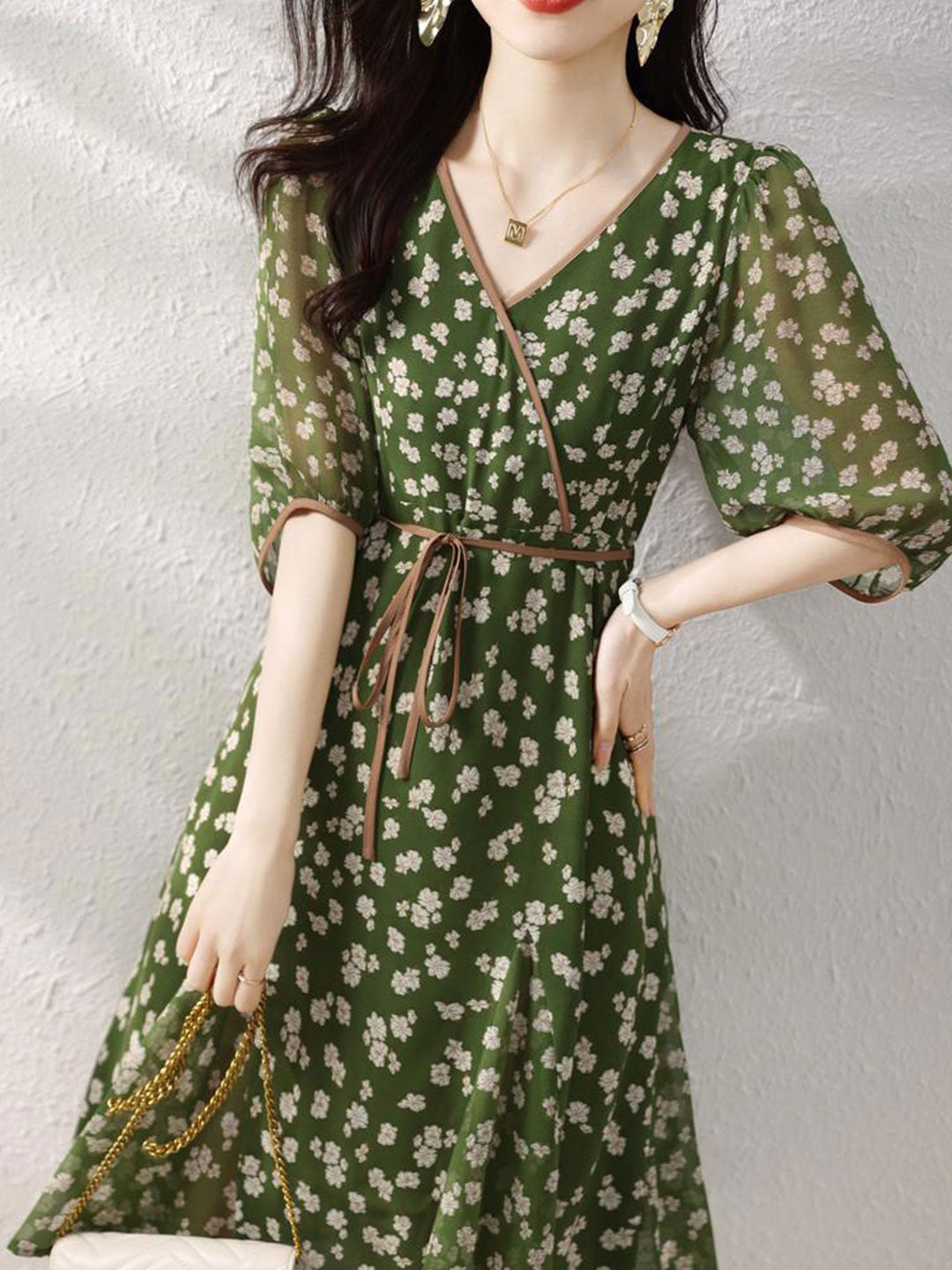 Molly Retro Floral Wrap Waisted Dress-Green Long