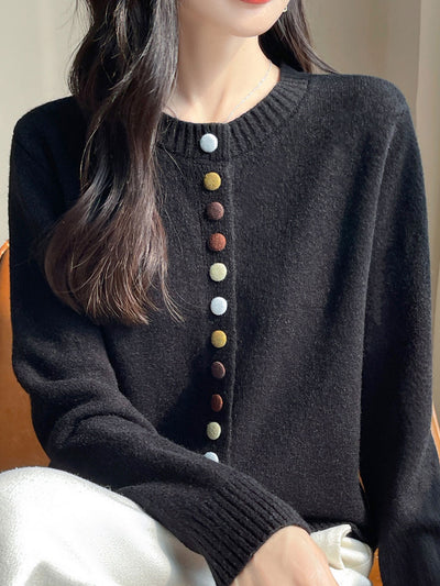 Sophia Classic Crew Neck Colorful Button Knitted Cardigan-Apricot