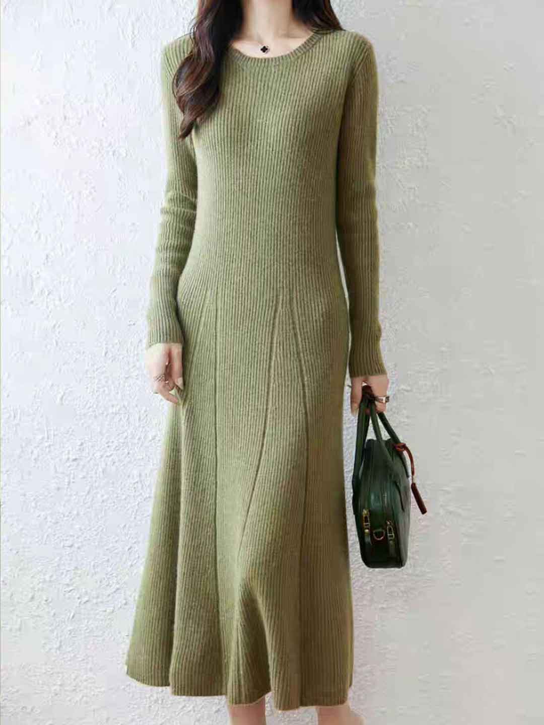 Lauren Classic Crew Neck Solid Color Knitted Sweater Dress