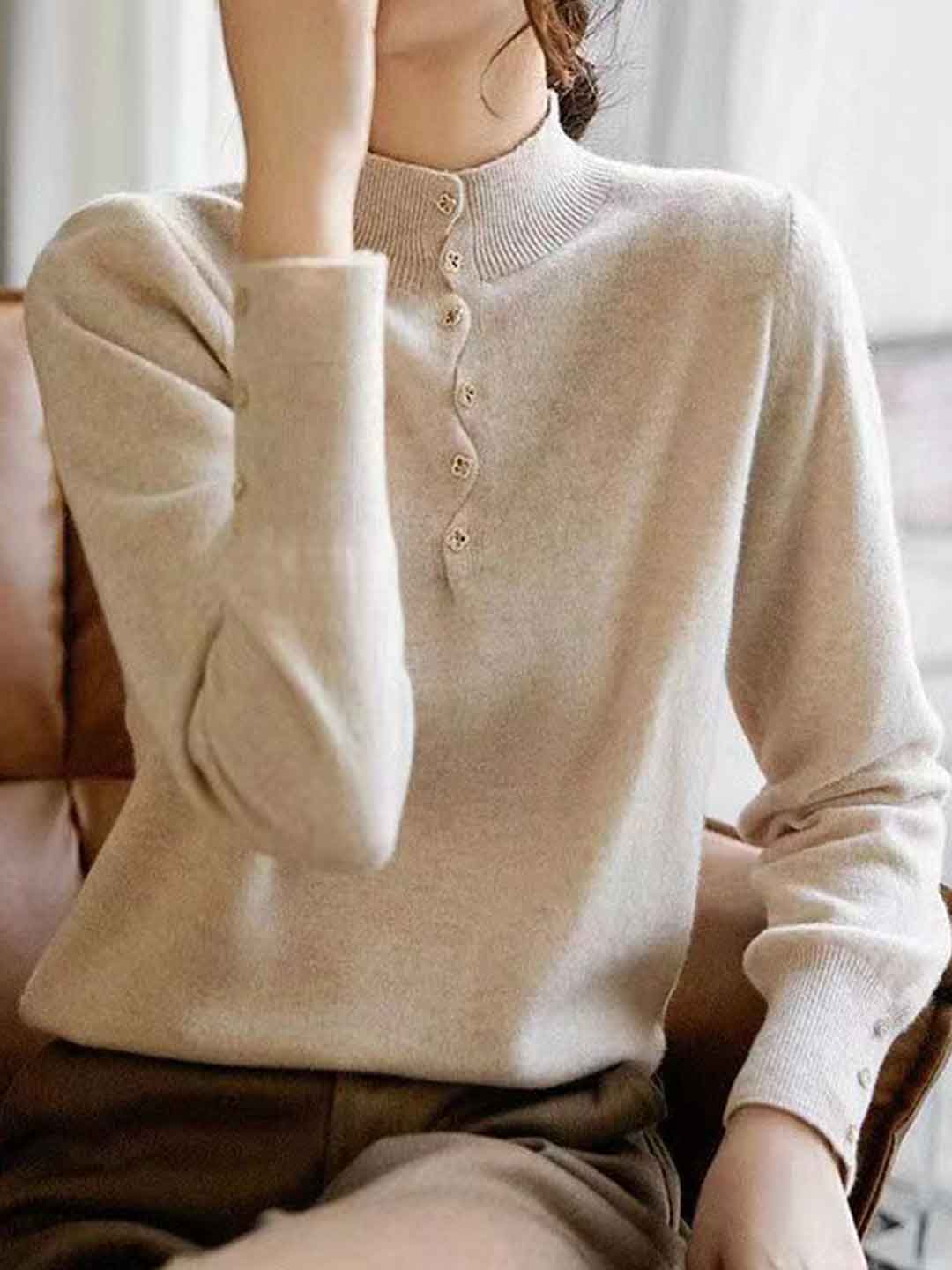 Olivia Loose Turtleneck Beaded Pullover Knitted Top