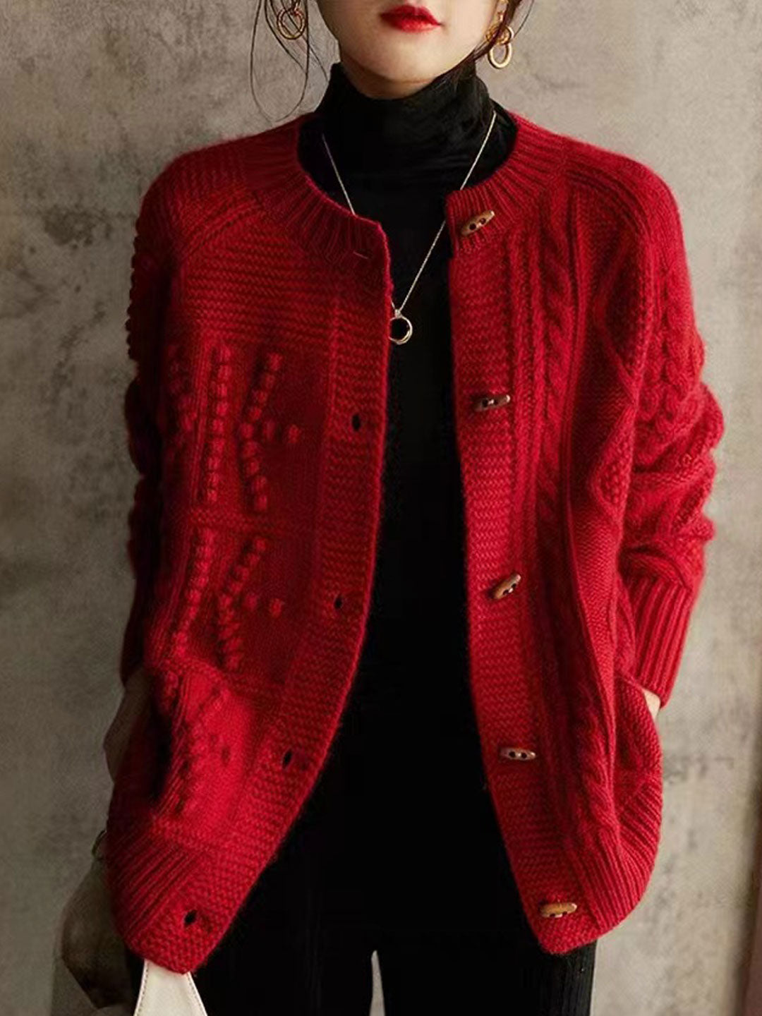 Bailey Loose Crew Neck Horn Button Cable Knitted Cardigan