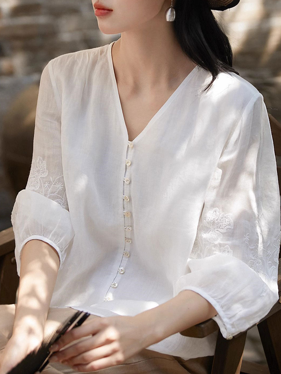 Sophie Loose V-Neck Embroidered Top