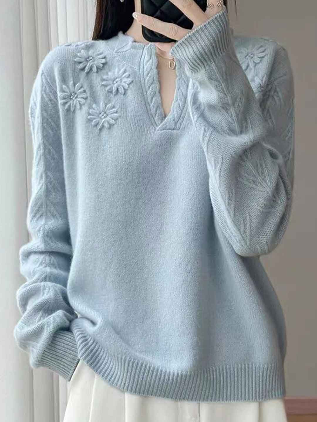 Kaylee Retro V-Neck Embroidered Floral Knitted Sweater