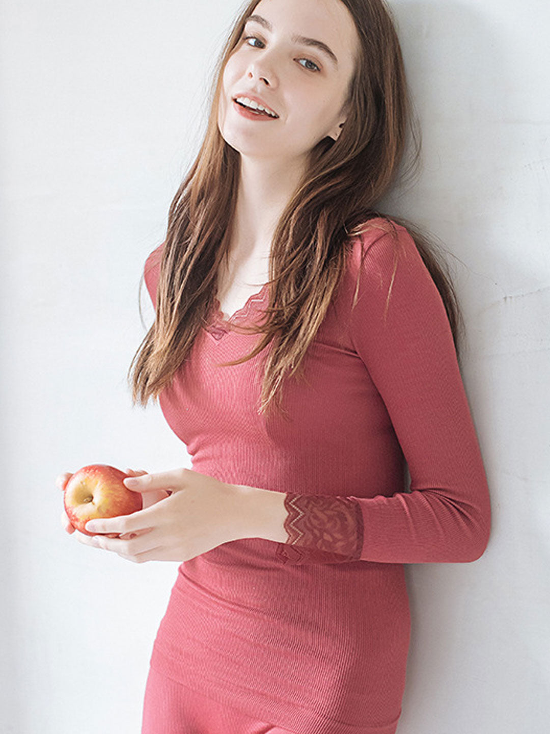 2pcs Women'S Lace V-Neck Seamless Stretch Thermal Underwear Set