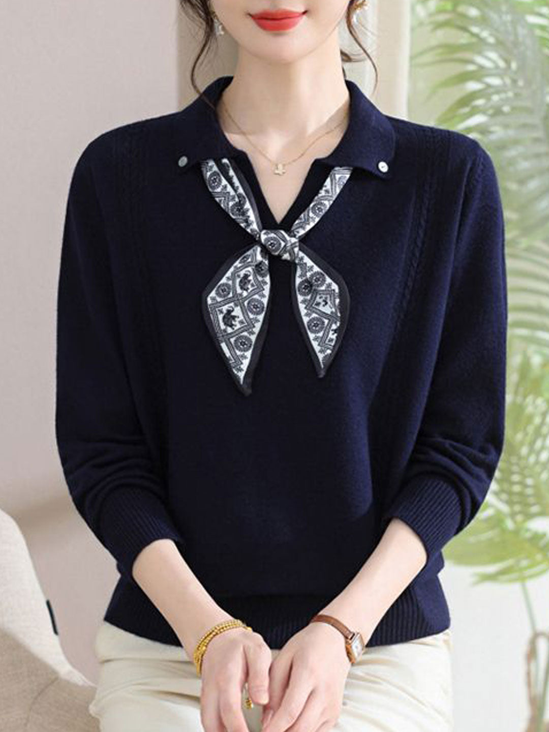 Grace Loose Lapel Scarf Pullover Knitted Top