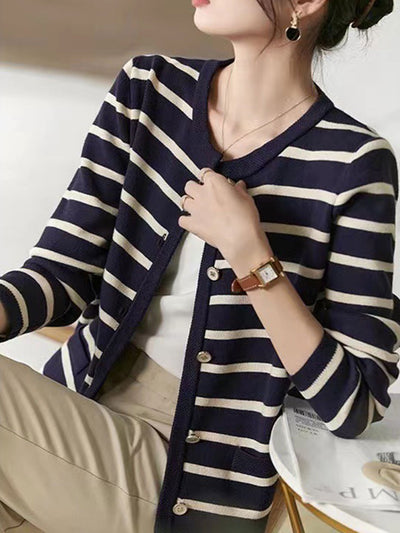 Olivia Classic Crew Neck Striped Knitted Cardigan-Red