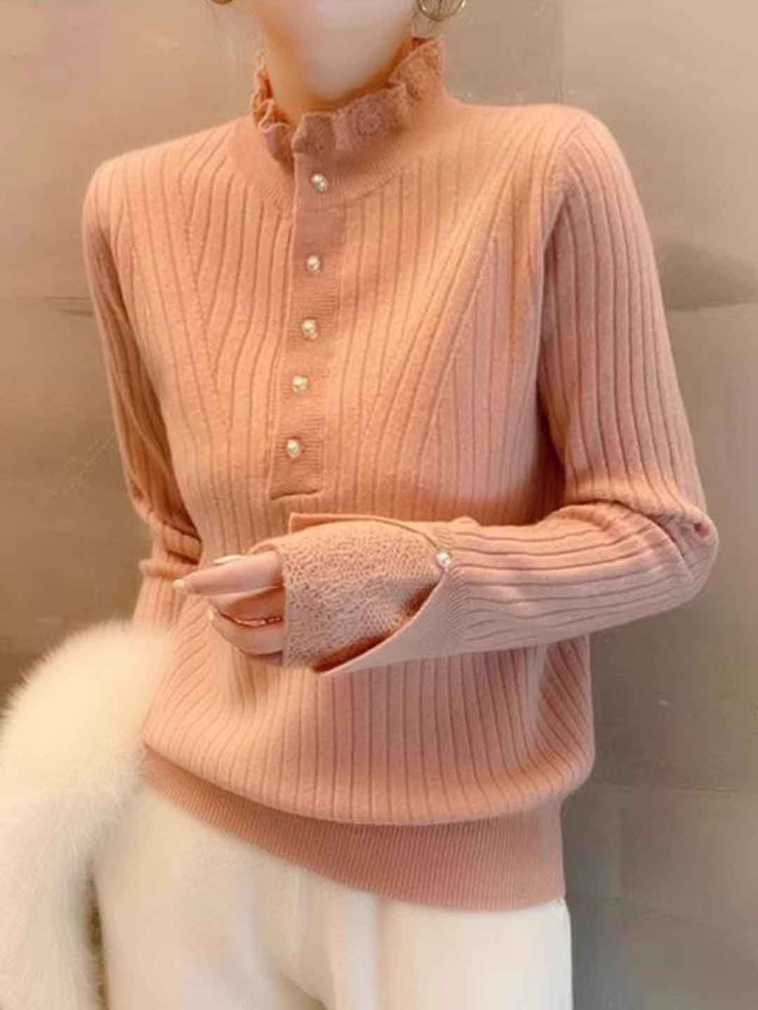 Maya Chic Auricular Lace Paneled Pearl Buttons Knitted Sweater