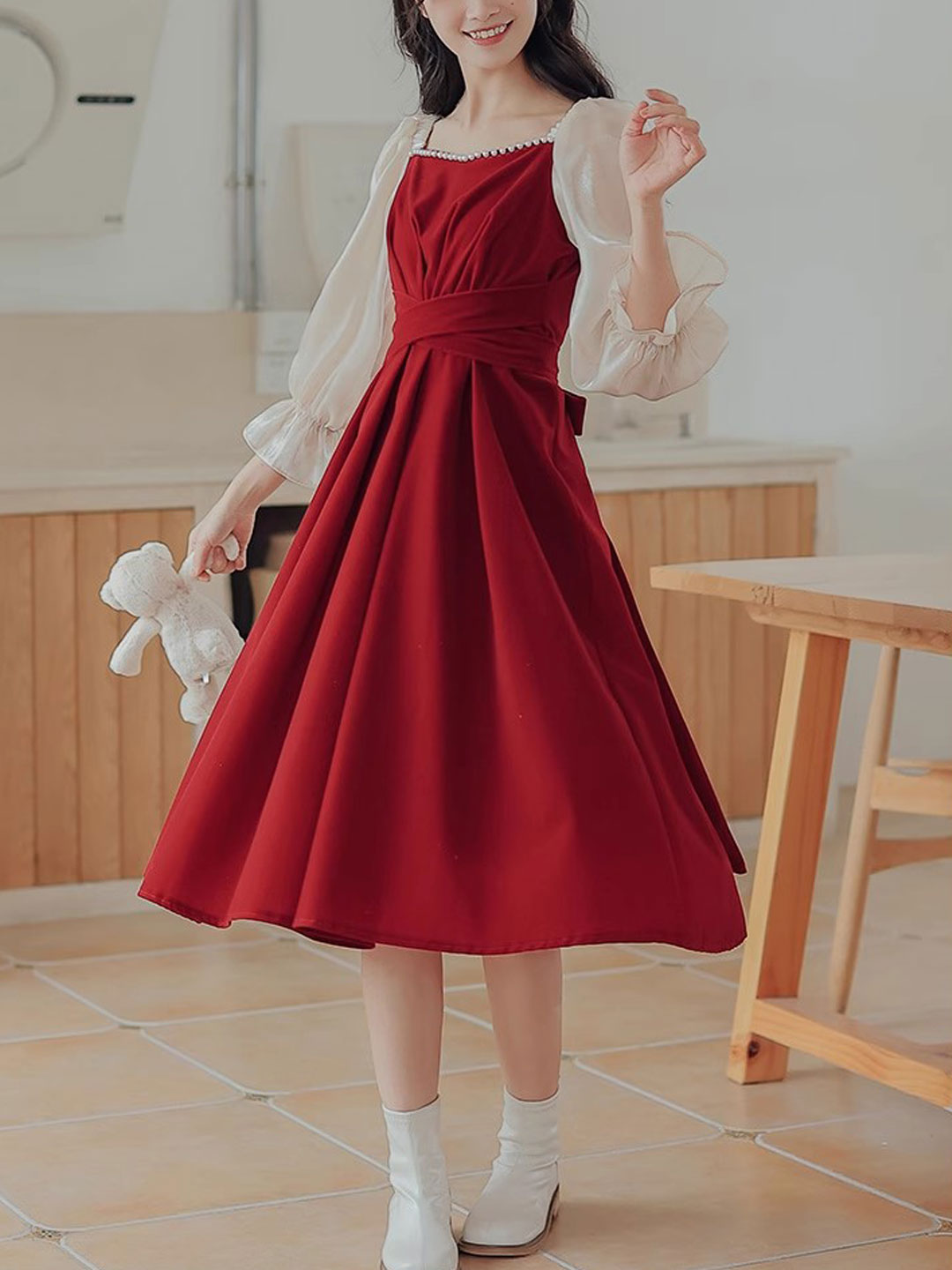 Mia Retro Velvet Bow Pearl Party Dress