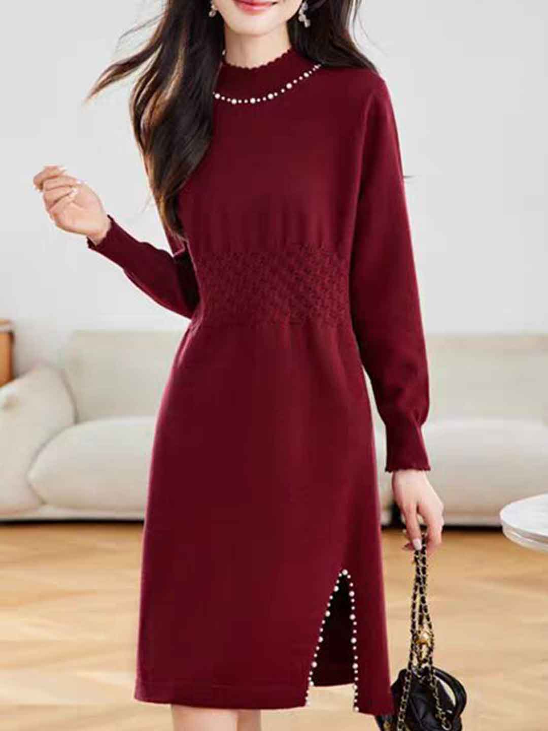 Victoria Casual Turtleneck Beaded Knitted Sweater Dress