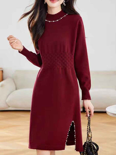 Victoria Casual Turtleneck Beaded Knitted Sweater Dress