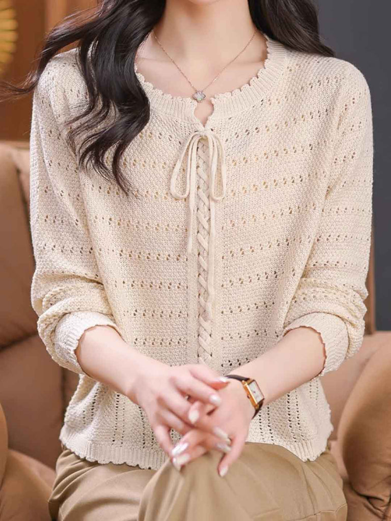 Riley Loose Crew Neck Tie Solid Color Knitted Top – Roselili