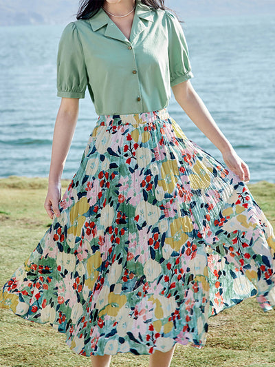Maria Elegant Pleated Floral Slit Skirt