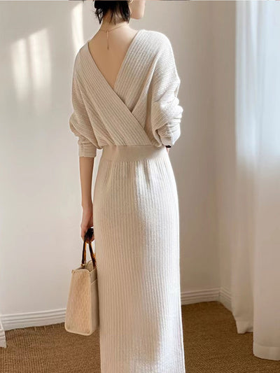Grace Vintage V-neck Knitted Sweater Dress-Coffee