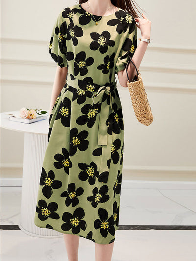 Mia Elegant Printed Tie Dress-Green