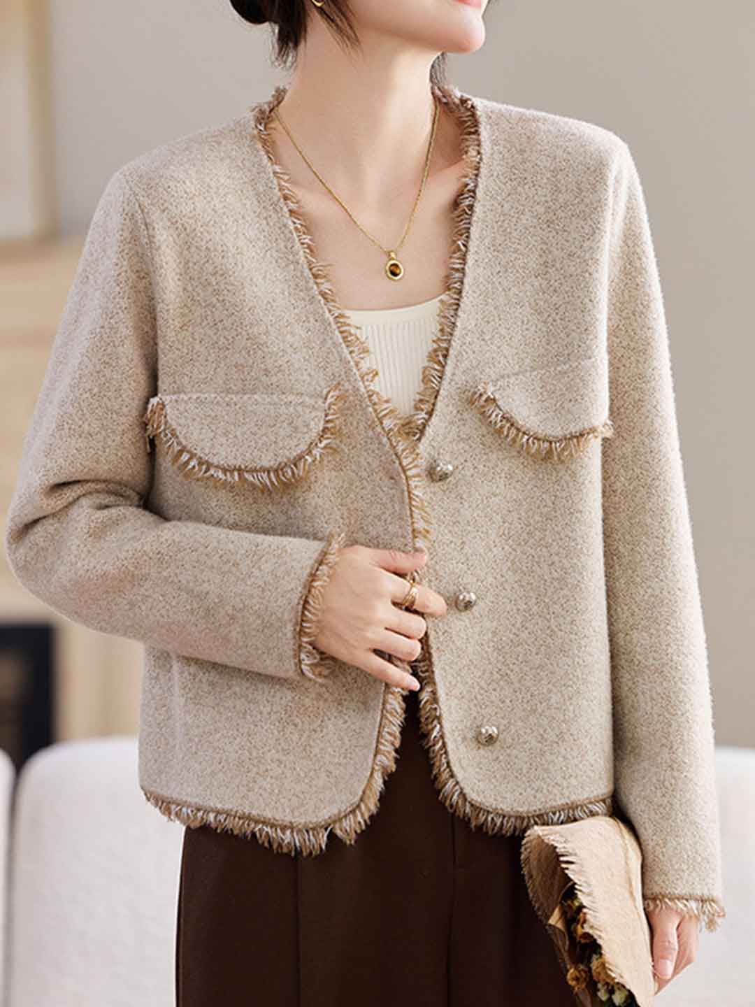 Emma Retro V-Neck Solid Color Tweed Coat