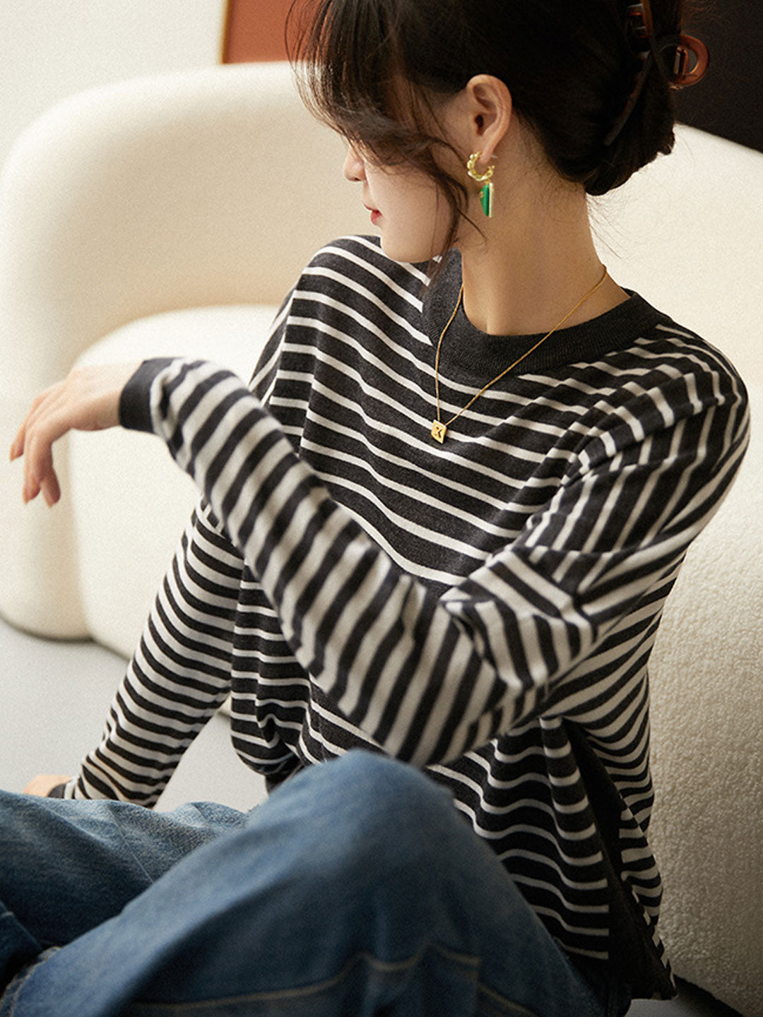 Sarah Loose Striped Off-Shoulder Knitted Top
