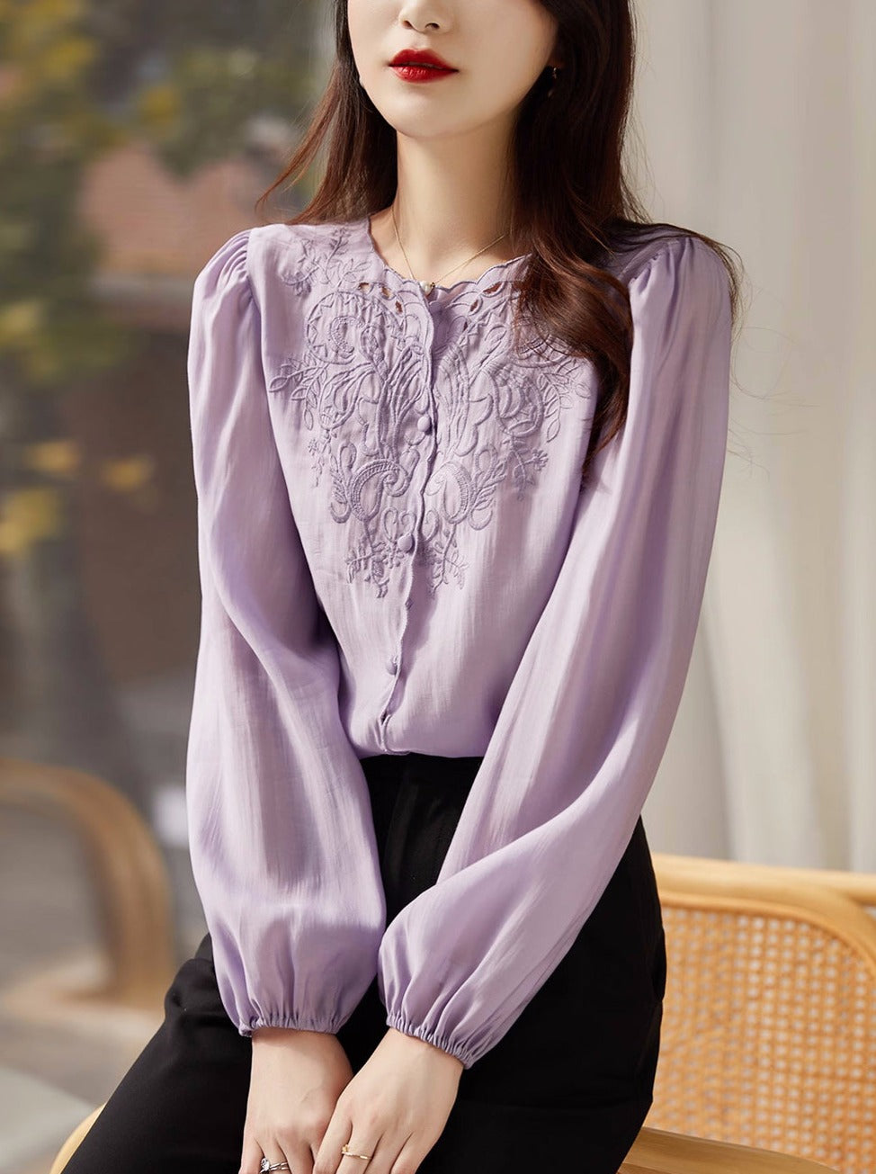 Jocelyn Elegant Embroidered Lantern Sleeve Shirt-Purple