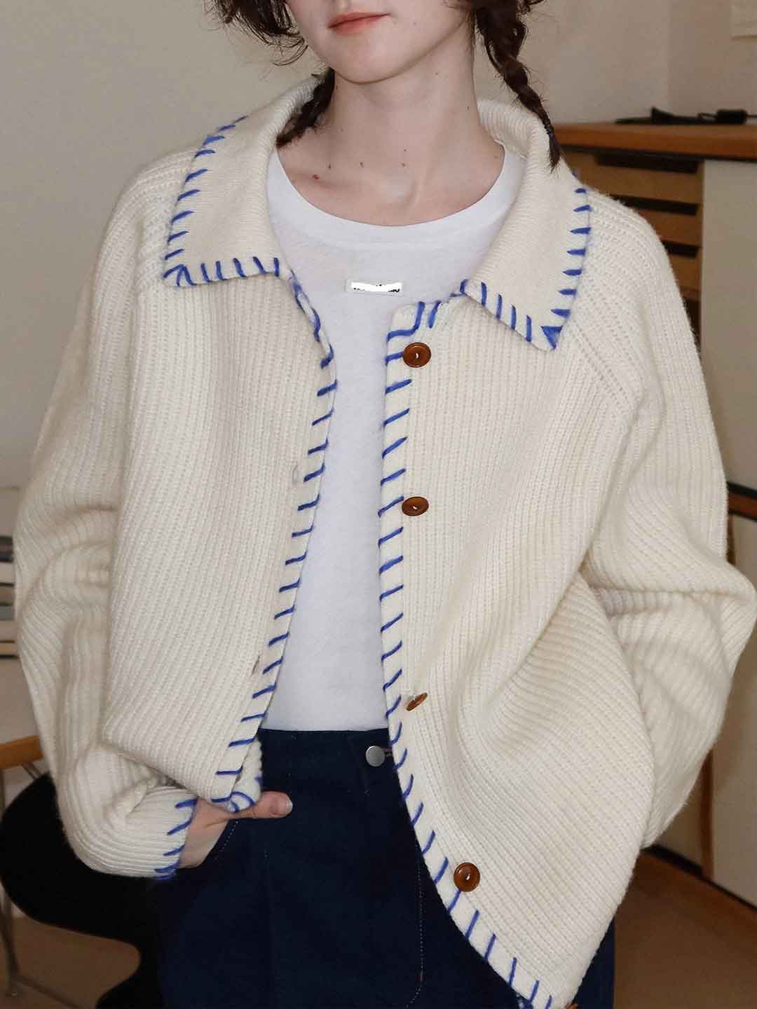Olivia Loose Lapel Contrasted Color Knitted Cardigan