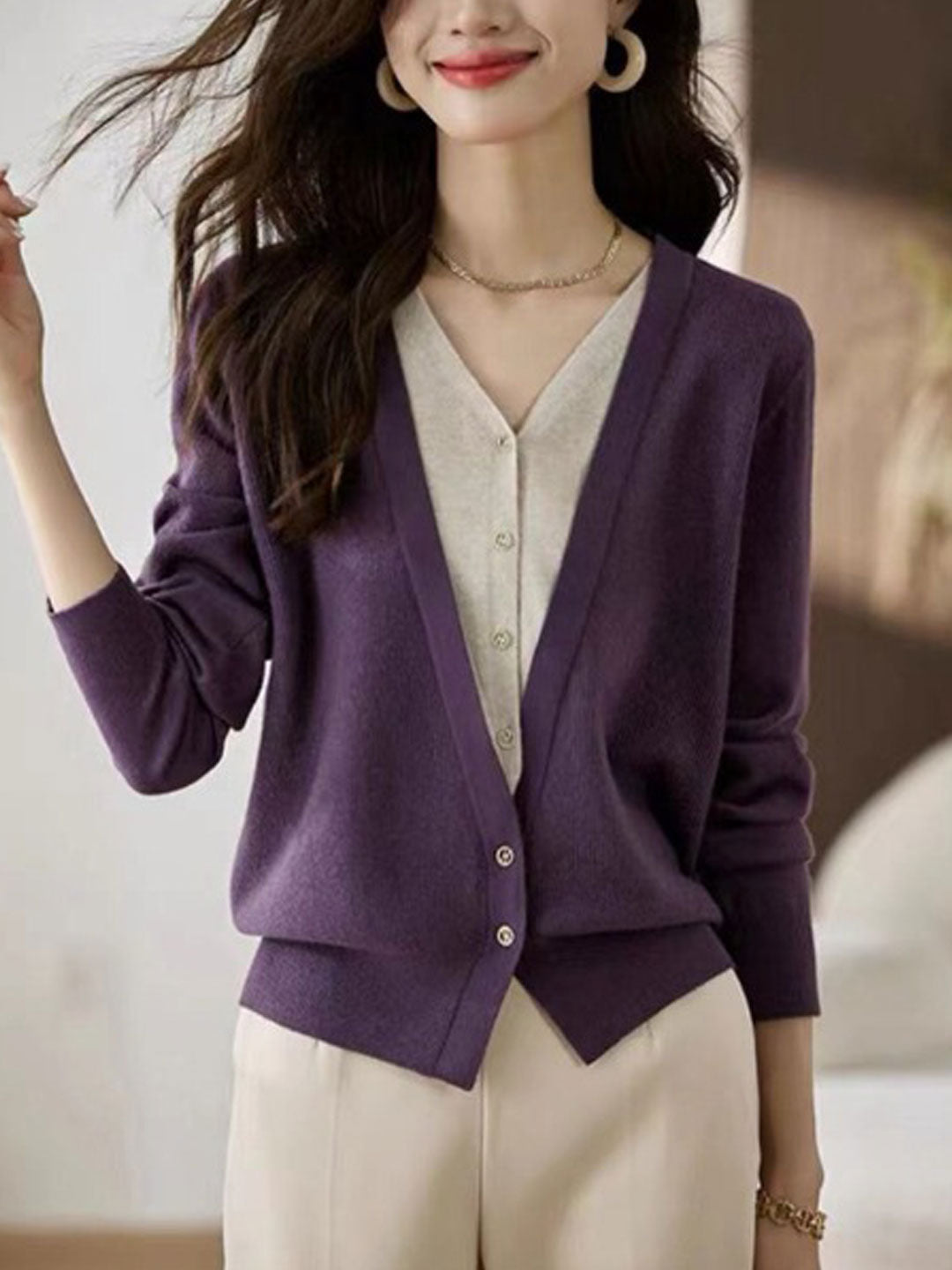 Ashley Casual V-Neck Colorblock Knitted Cardigan