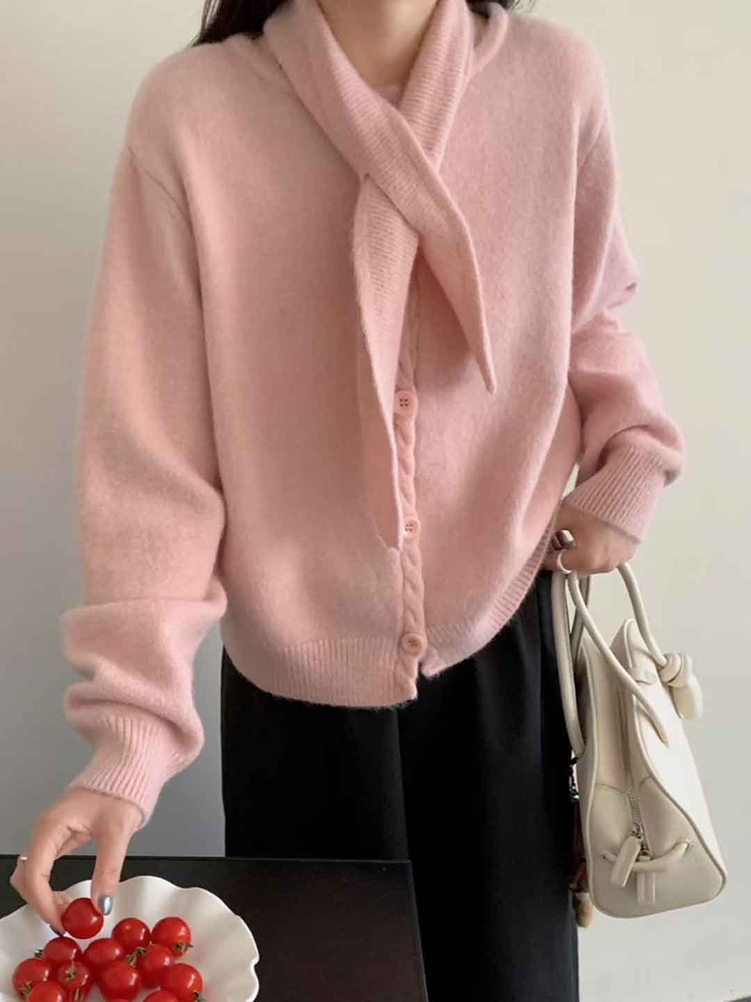 Olivia Classic Scarf Solid Color Knitted Cable Cardigan