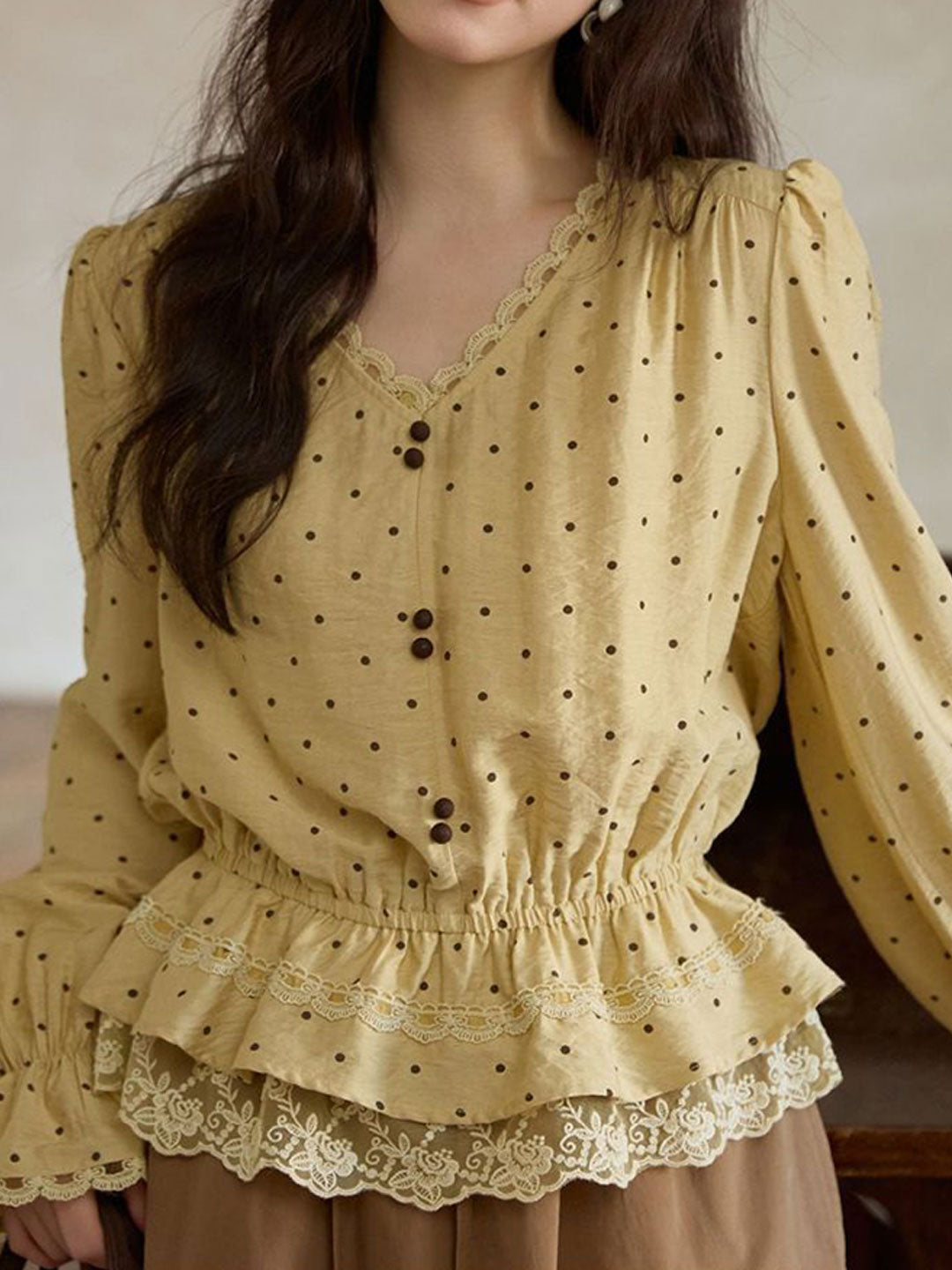 Mia Casual V-neck Lace Polka Dot Blouse