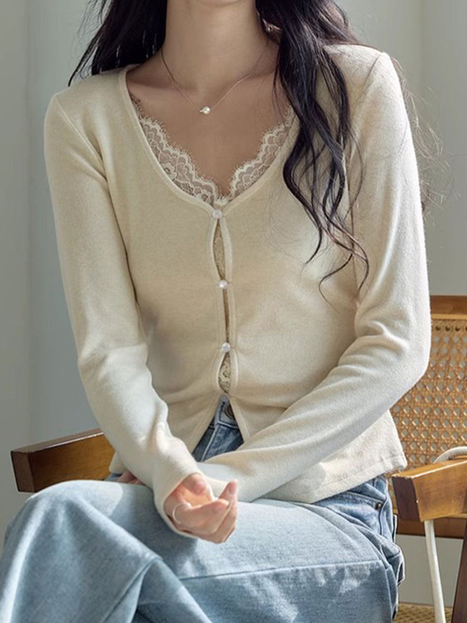 Chloe Slim V-Neck Solid Color Lace Top