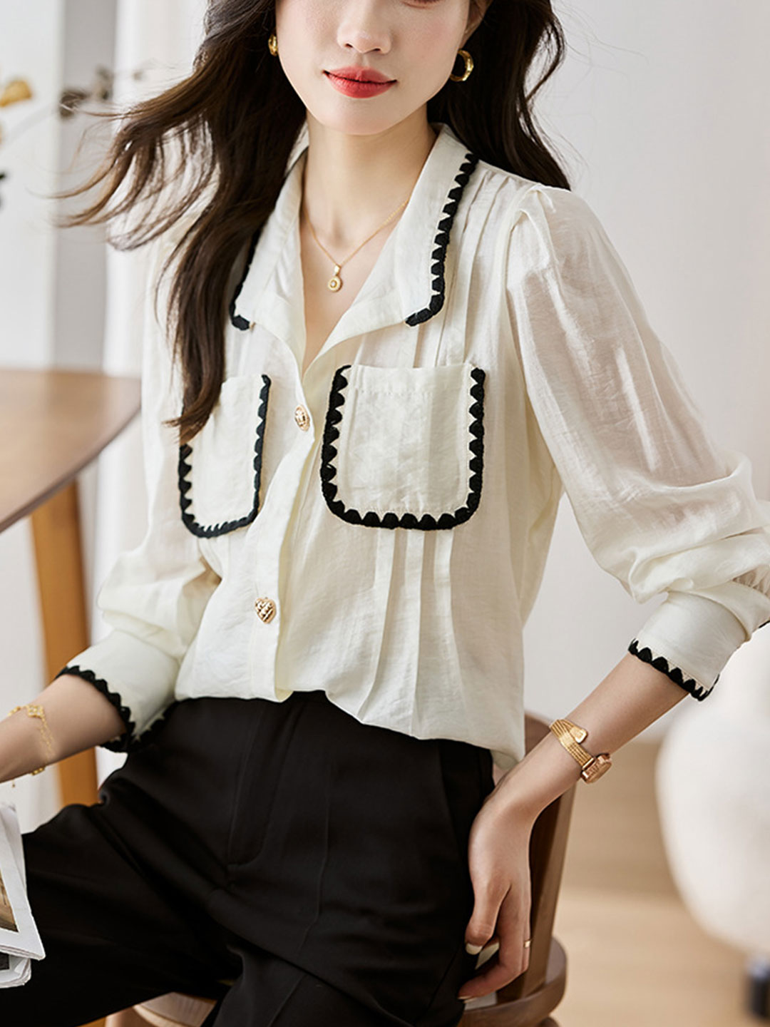 Sophia Retro Lapel Patchwork Shirt