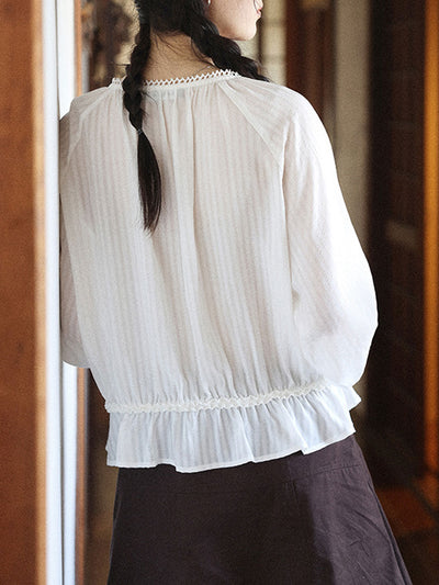 Ashley Retro Puff Sleeve Tie Pleated Blouse