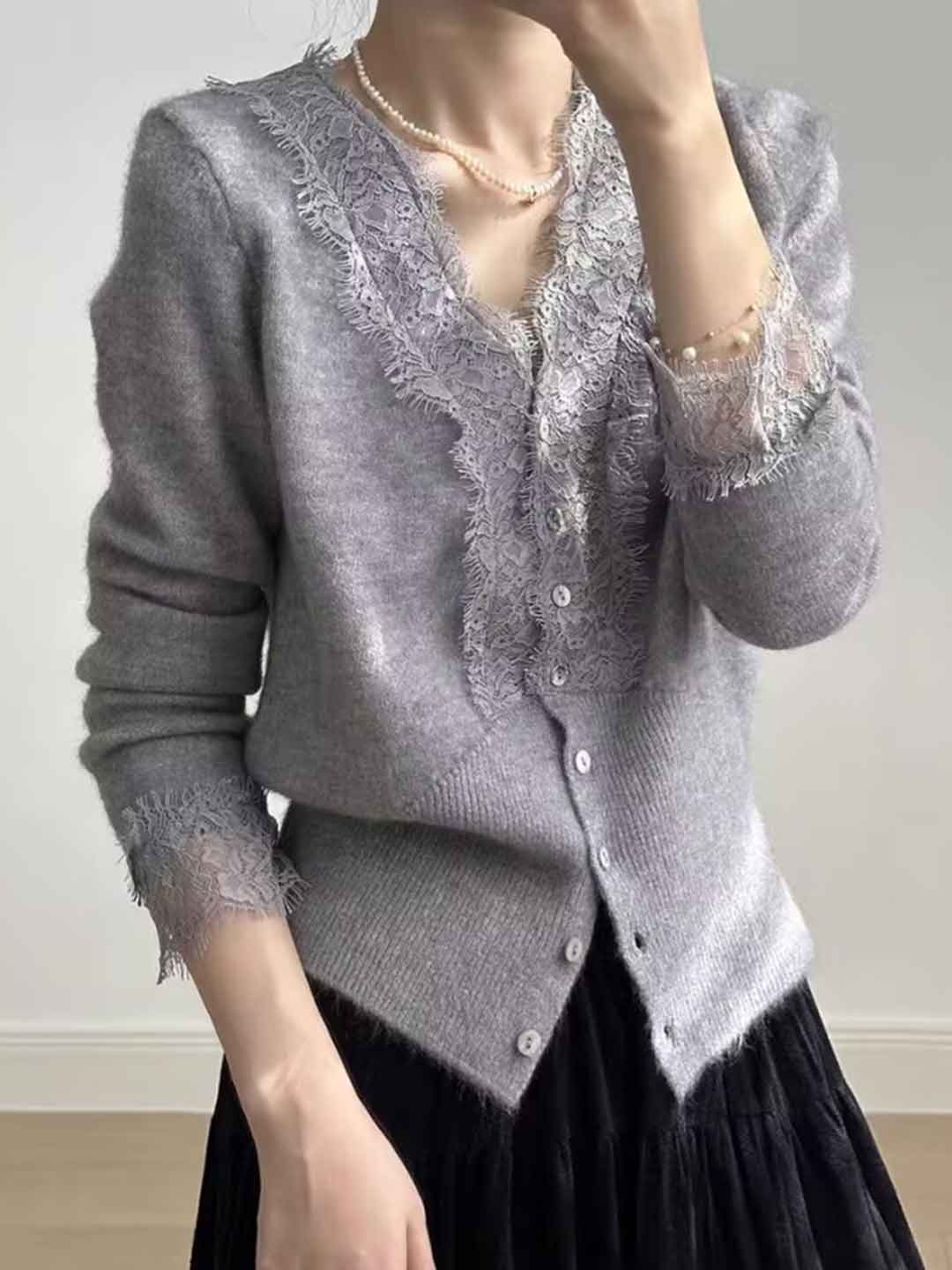 Trinity Slim V-Neck Lace Knitted Cardigan