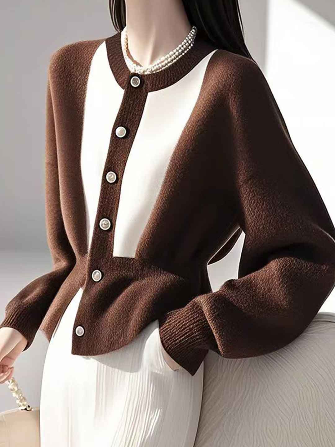 Lily Classic Crew Neck Patchwork Knitted Cardigan
