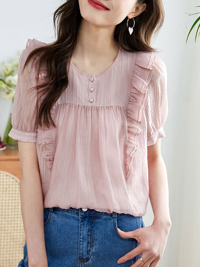 Abigail Retro Ruffle Ruched Chiffon Blouse