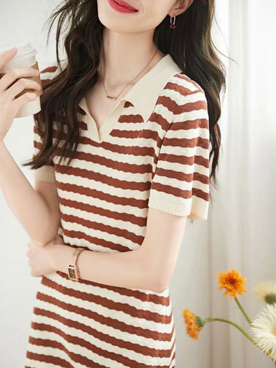 Alyssa Casual Striped Lapel Knitted Dress