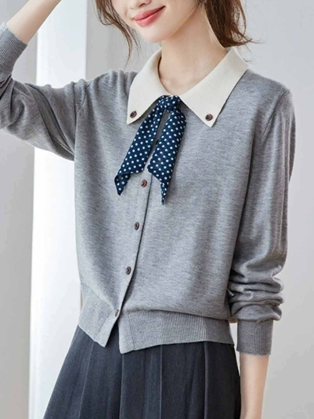 Bella Cute Doll Collar Bow Knitted Top
