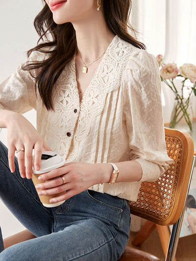 Kayla Retro Lantern Sleeve Lace Embroidered Blouse