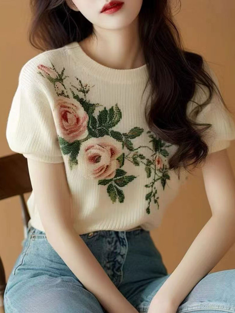 Emma Retro Crew Neck Lantern Sleeve Printed Knitted Top – Roselili