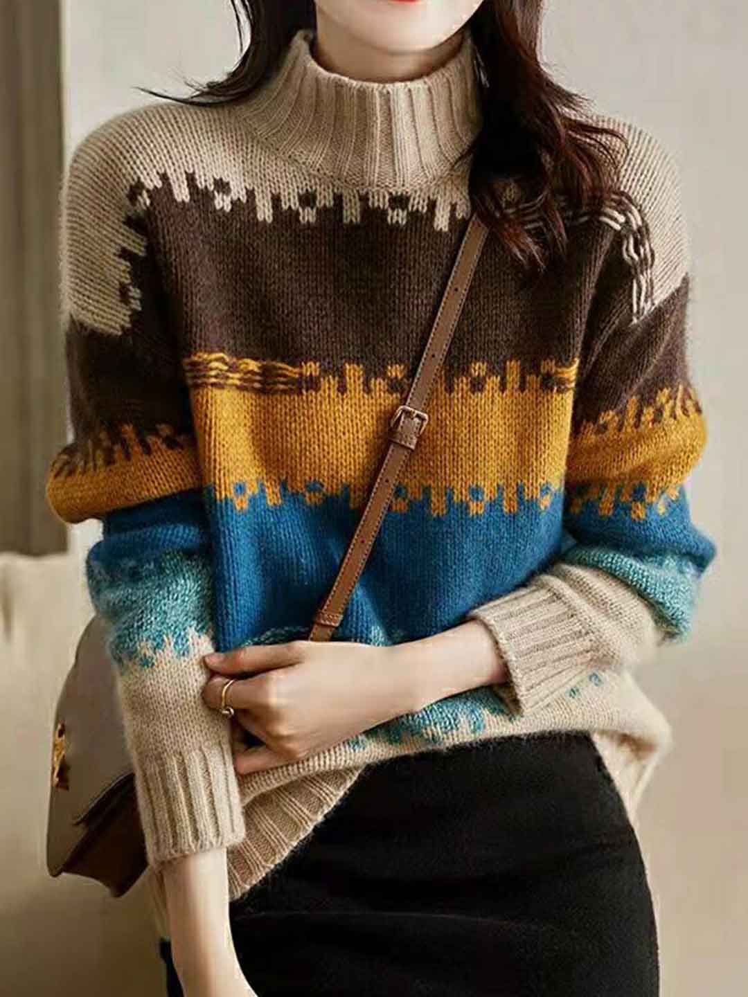 Brooke Classic Turtleneck Colorblocked Knitted Sweater