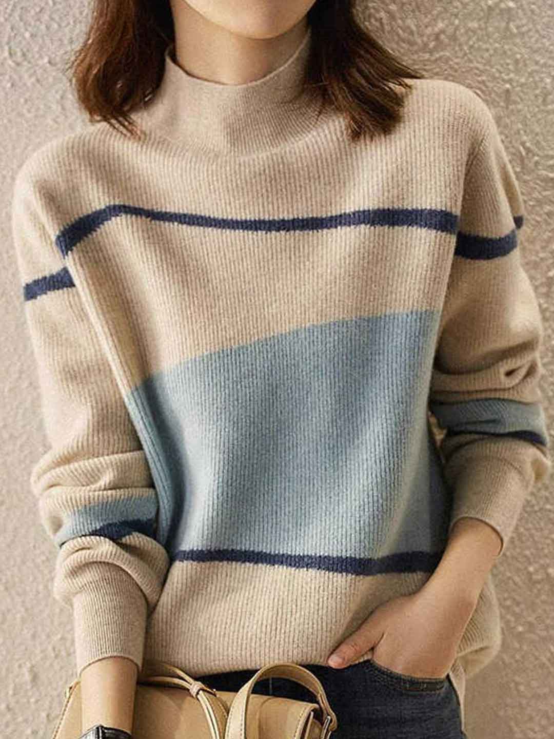 Maria Loose Turtleneck Color-Block Knitted Sweater