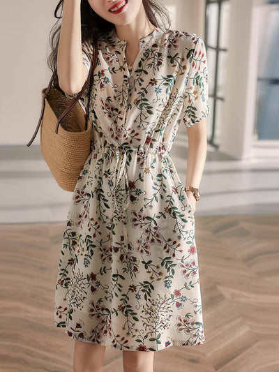 Faith V-Neck Printed Drawstring Chiffon Dress