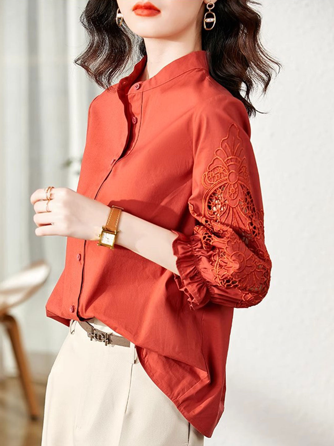 Kayla Casual Embroidered Shirt-Red