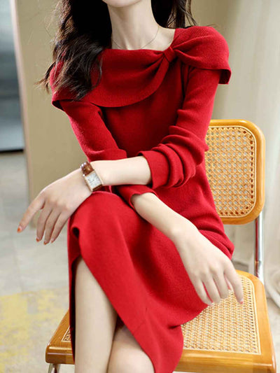 Brianna Elegant Bow Tie Solid Color Knitted Dress