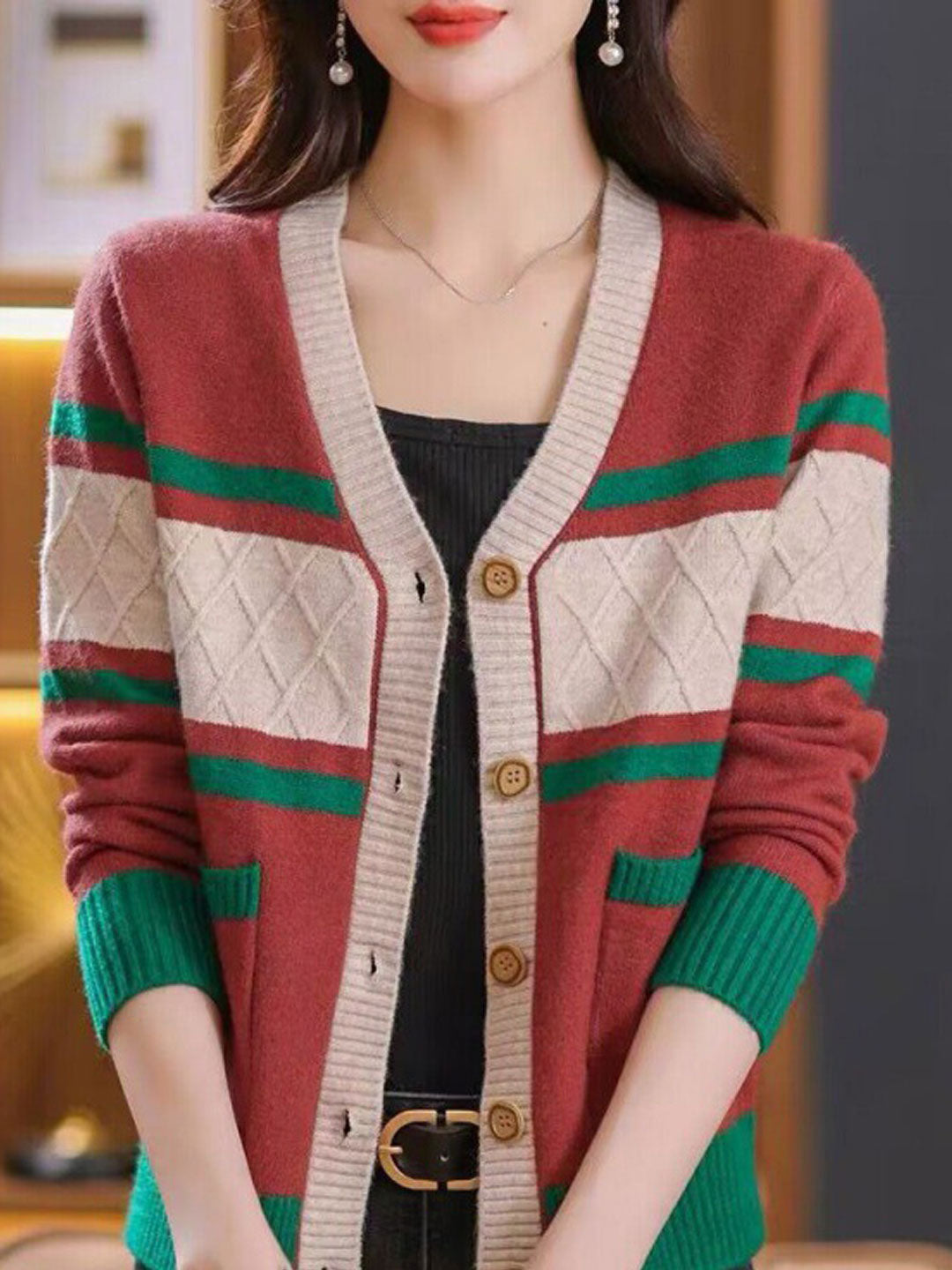 Taylor Classic V-neck Colorblock Knitted Cardigan