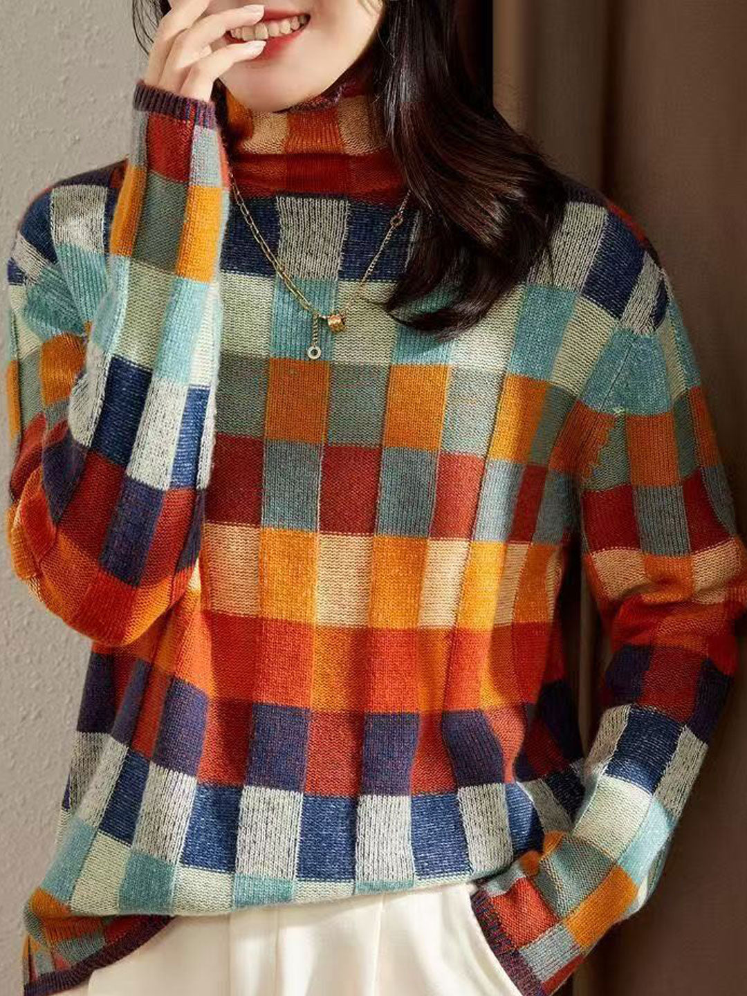 Caroline Loose Turtleneck Plaid Knitted Sweater