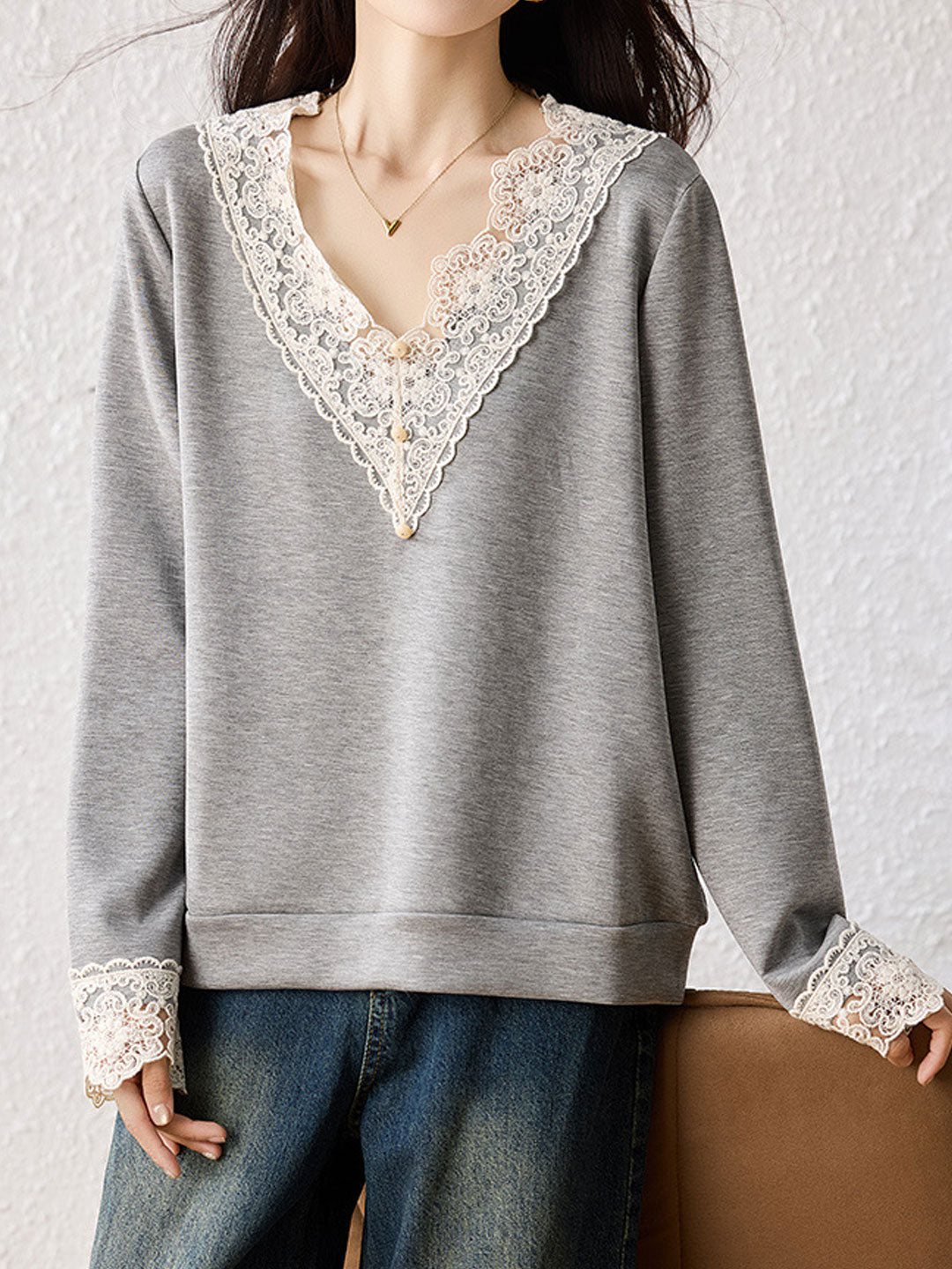 Brooke Loose V-Neck Lace Sweatshirt